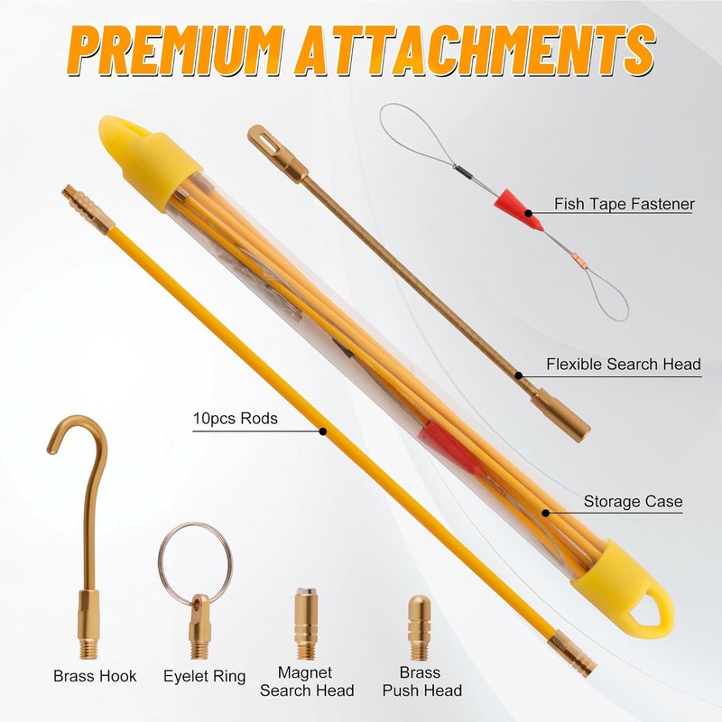 KOOTANS 11FT Fiberglass Running Electrical Wire Cable Glow Rods Wire Pulling Tools Fish Tape Cable Puller Through Wall Snake Fish Rods Kit with Different Attachments - Image 2